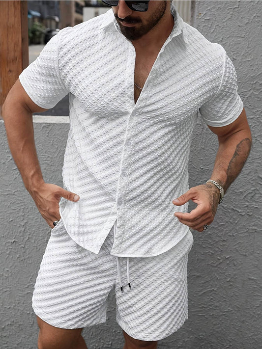 Stylish Men's Houndstooth Cardigan Set - Casual Summer Short-Sleeve Fashion - Buy Center US