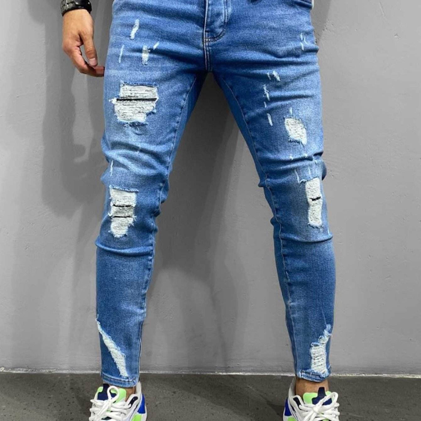 Men's Slim-Fit Denim Jeans - Ripped Knee, Casual Streetwear Style - Buy Center US