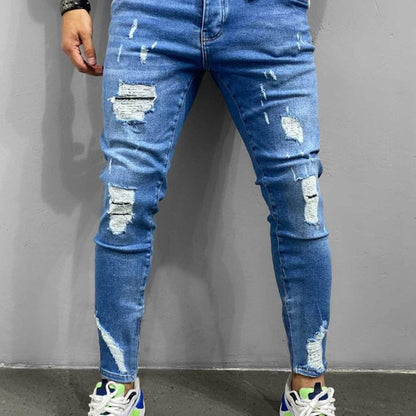 Men's Slim-Fit Denim Jeans - Ripped Knee, Casual Streetwear Style - Buy Center US