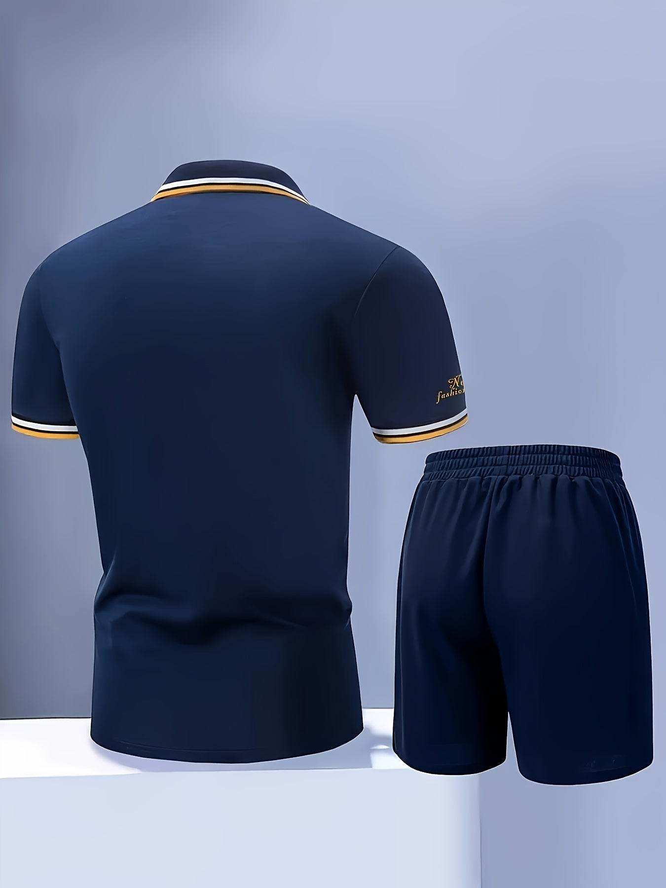 Men’s 2pcs Casual Summer Outfit - Striped Polo & Elastic Waist Shorts - Buy Center US