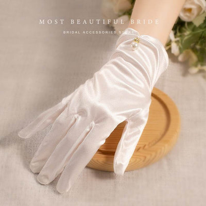 White Satin Short Gloves with Lace & Pearl - Elegant Fashion Accessory - Buy Center US