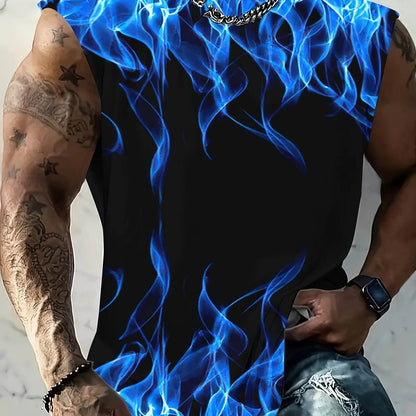 Men's Sleeveless Muscle Tank - 3D Blue Flame Print for Gym & Daily Wear - Buy Center US