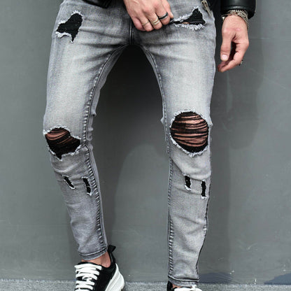 2023 Retro Distressed Knee Ripped Jeans - Light Blue Cotton Slim Fit - Buy Center US