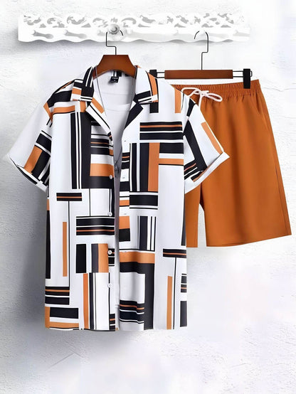 Buycenter Men’s Black and White Striped Hawaiian Shirt Set - Casual Summer Wear - Buy Center US