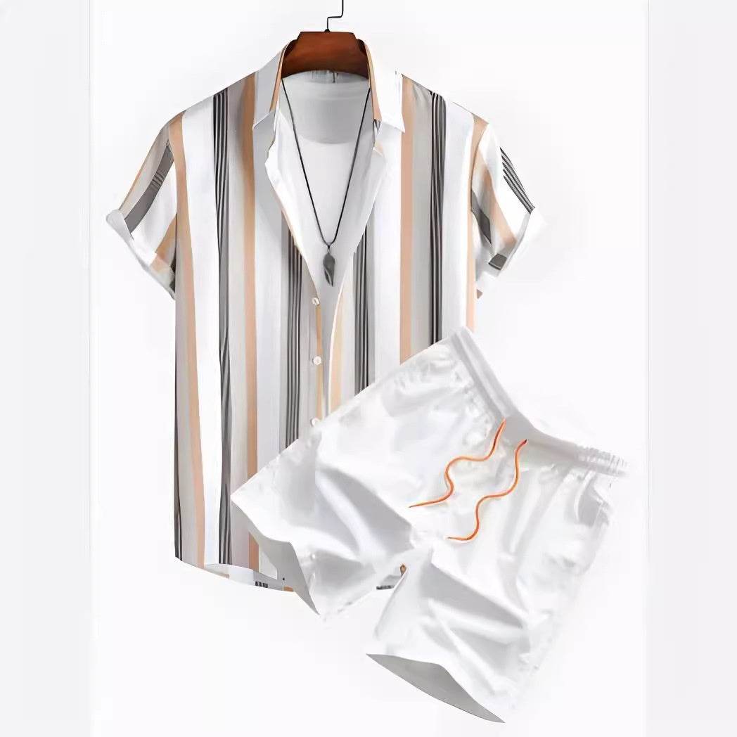 Buycenter Men’s Black and White Striped Hawaiian Shirt Set - Casual Summer Wear - Buy Center US