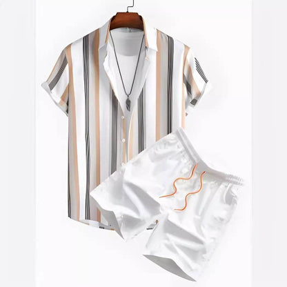 Buycenter Men’s Black and White Striped Hawaiian Shirt Set - Casual Summer Wear - Buy Center US