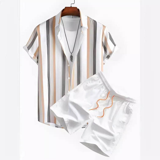 Buycenter Men’s Black and White Striped Hawaiian Shirt Set - Casual Summer Wear - Buy Center US