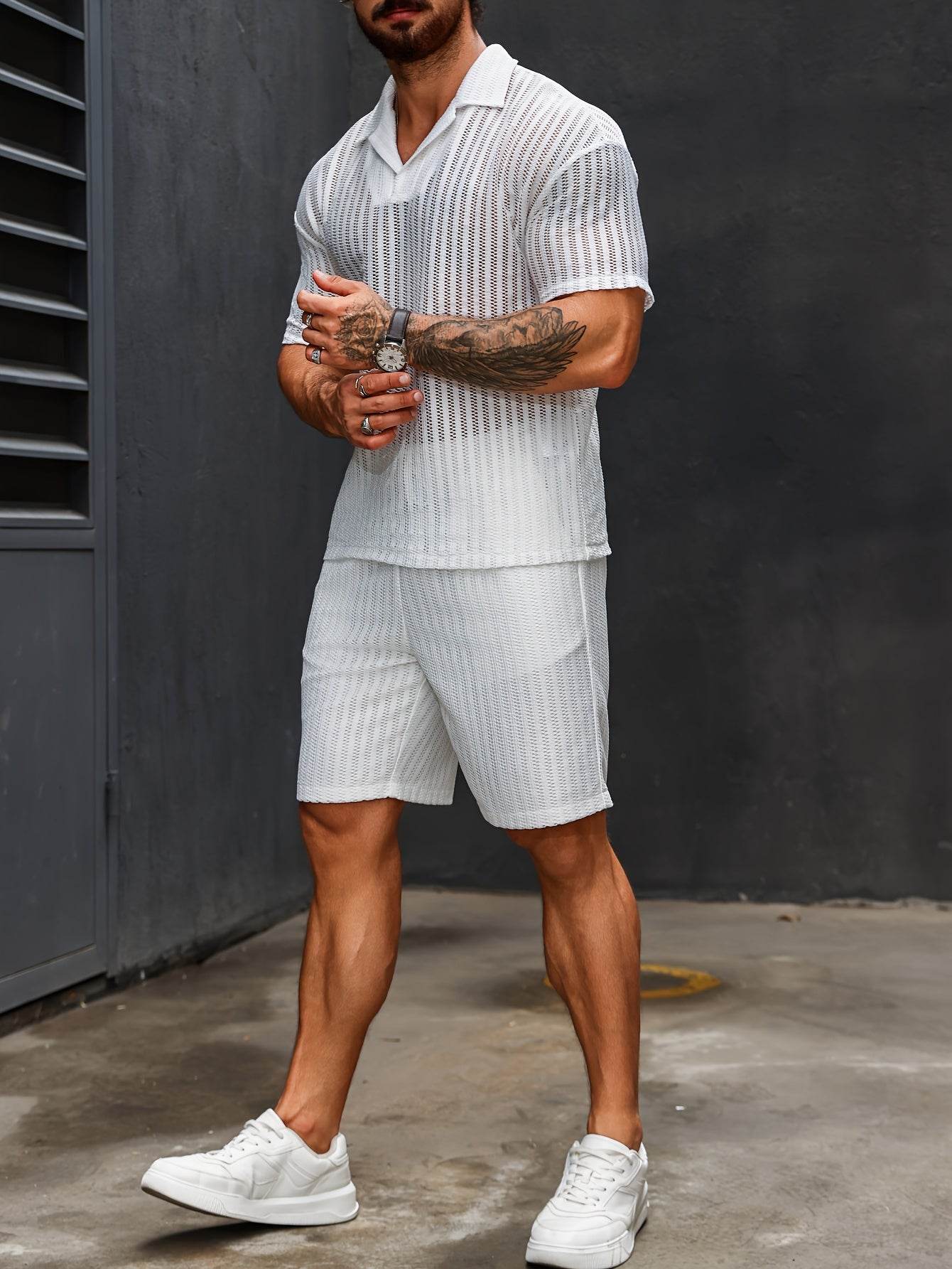 Men's Striped Crochet Knit Polo & Shorts Set - Casual Summer Vacay Style - Buy Center US