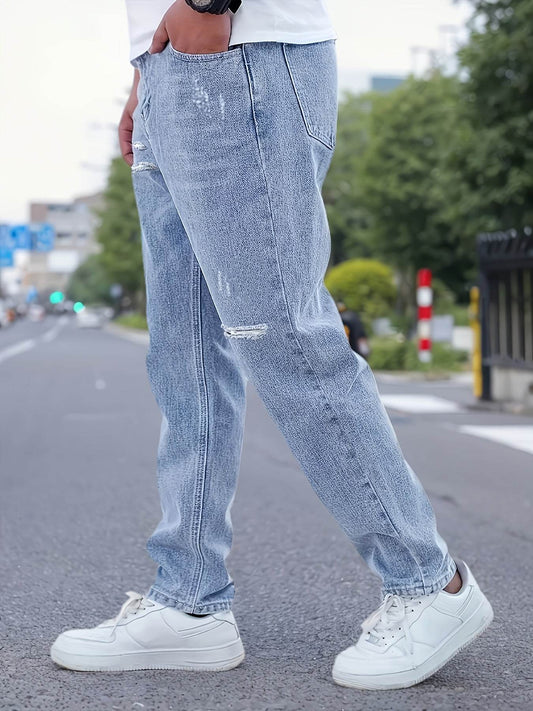 Men's Distressed Blue Jeans - Casual Loose Fit for All-Season Wear - Buy Center US