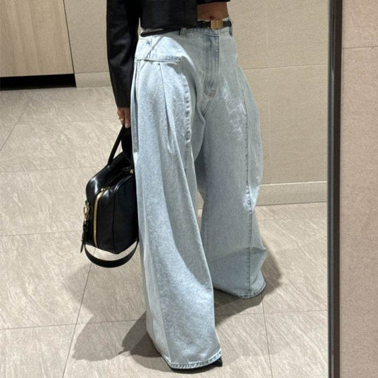 Women's High Waist Pleated Wide-Leg Jeans - Korean Style, Blue or White - Buy Center US