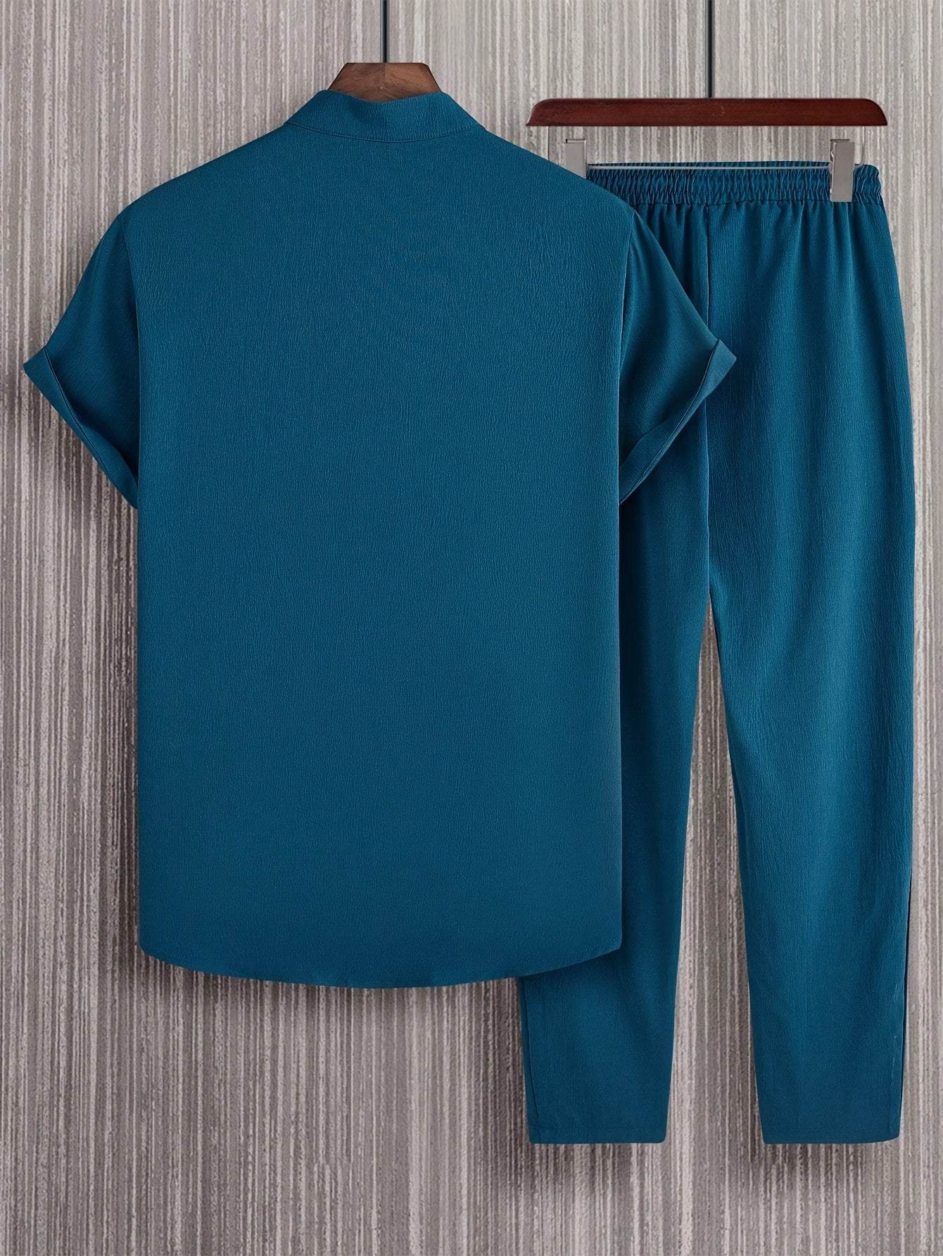 Stylish Men’s Solid Color Casual Shirt & Trouser Set - Perfect for Outings - Buy Center US