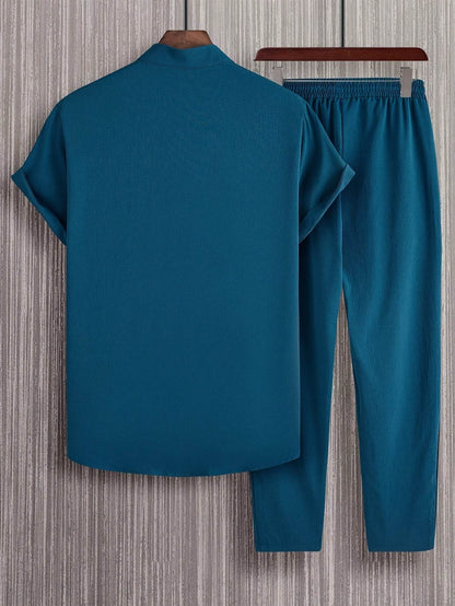 Stylish Men’s Solid Color Casual Shirt & Trouser Set - Perfect for Outings - Buy Center US