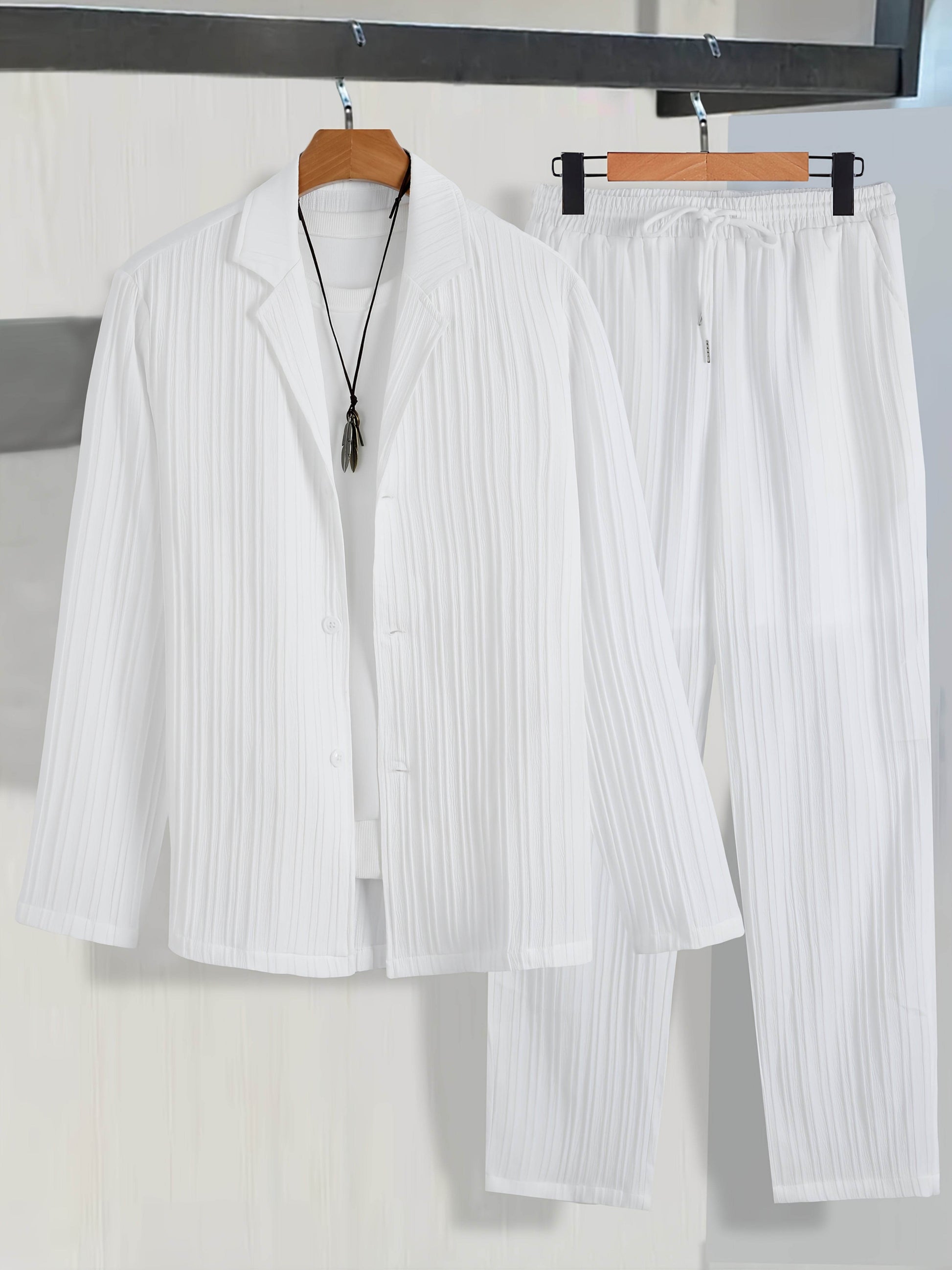 Men's Casual Suit Set - Long Sleeve Shirt & Drawstring Trousers - Buy Center US