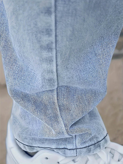 Men's Denim Jeans - Fashionable Light Blue Straight-Leg Style with Pockets - Buy Center US