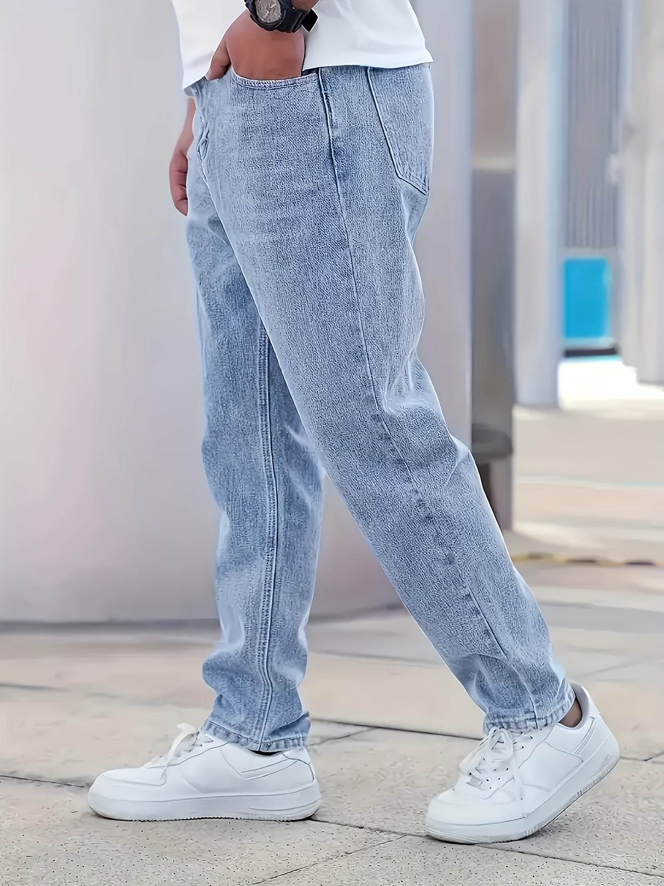Loose Fit Washed Blue Denim Jeans - All-Season Casual Cotton Blend - Buy Center US