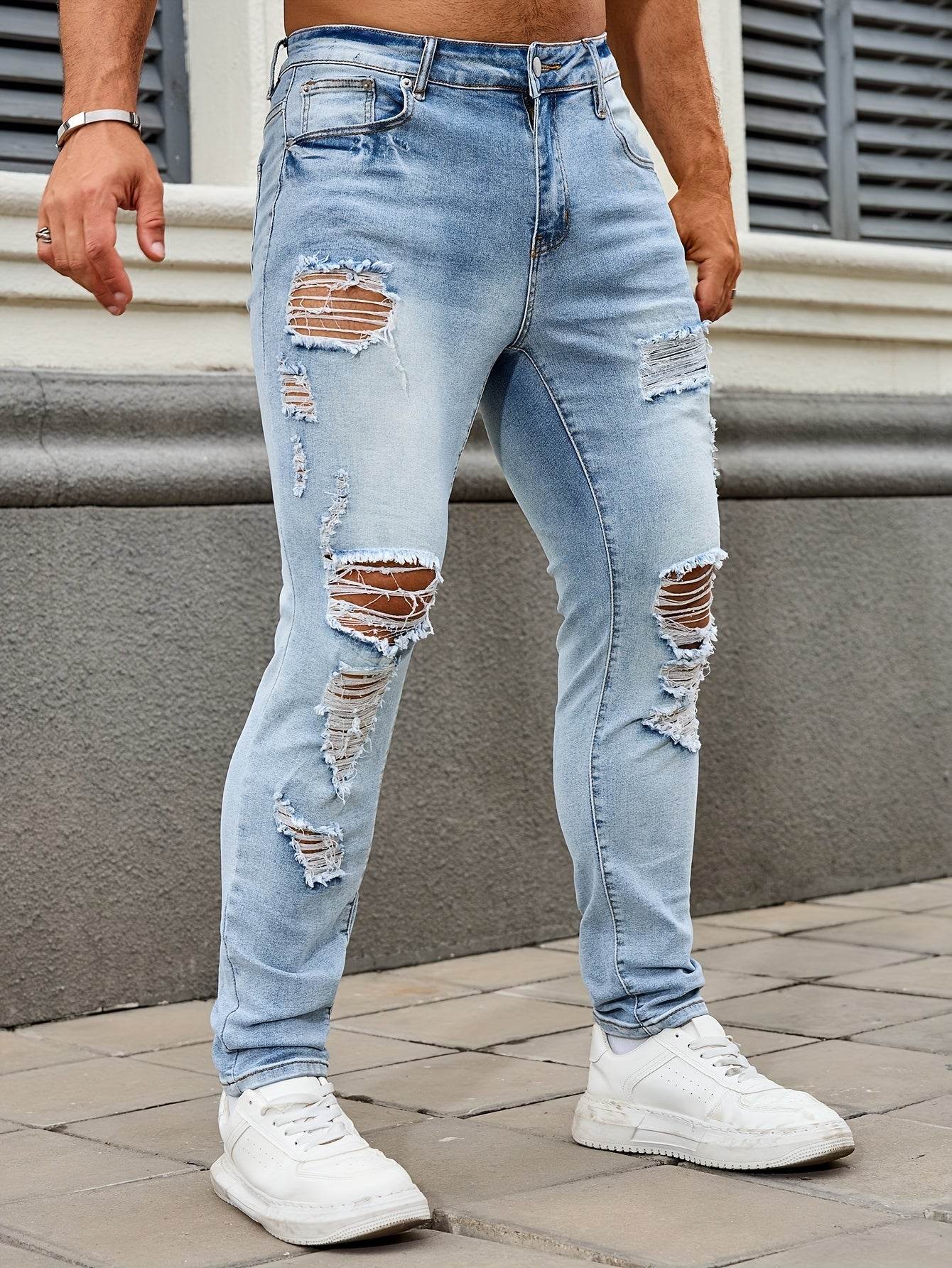 Men's Ripped Skinny Jeans - Casual Denim with Slight Stretch for All Seasons - Buy Center US