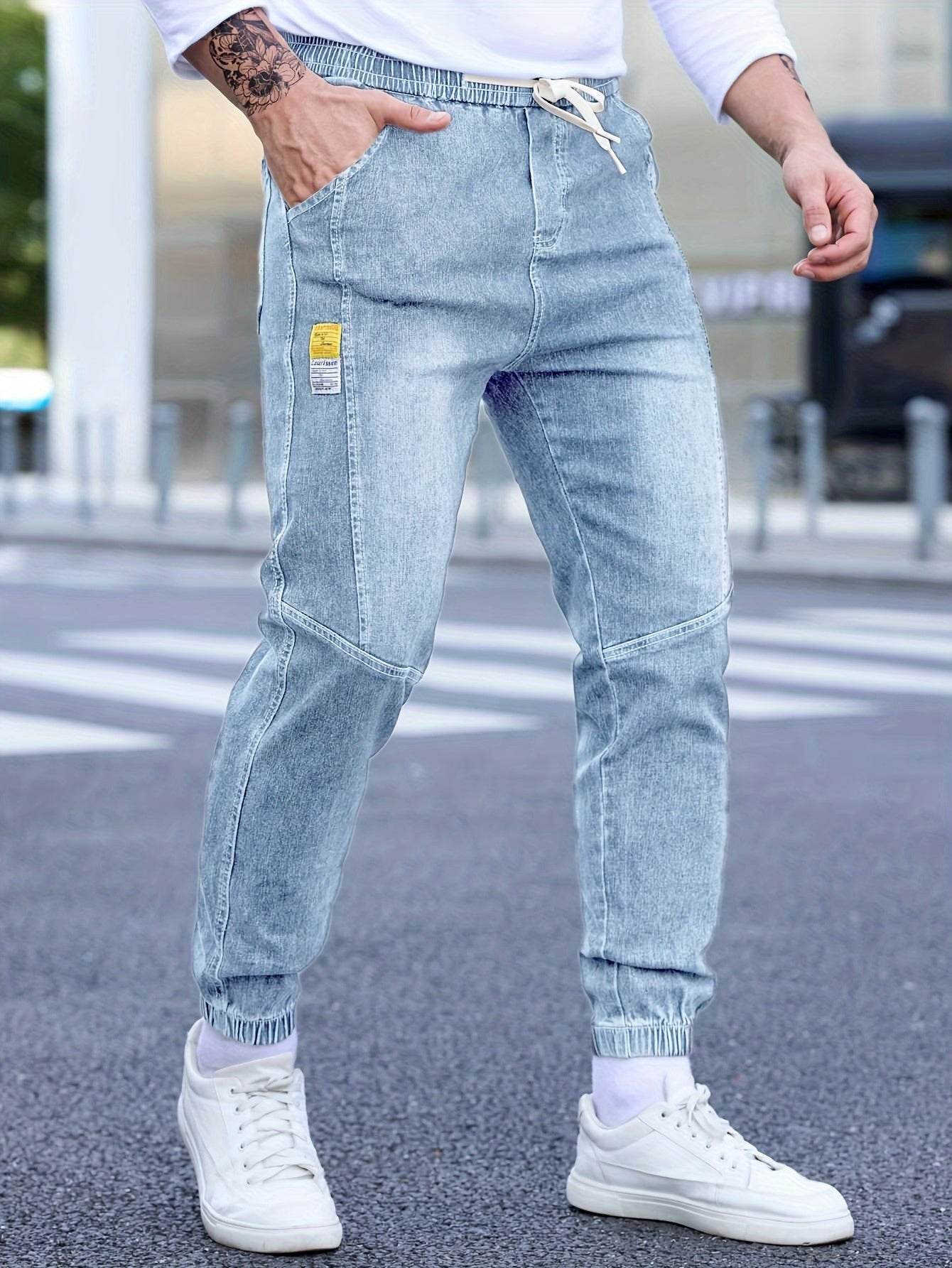 Men's Cropped Denim Pants with Pockets - Casual Drawstring Cotton Blend - Buy Center US