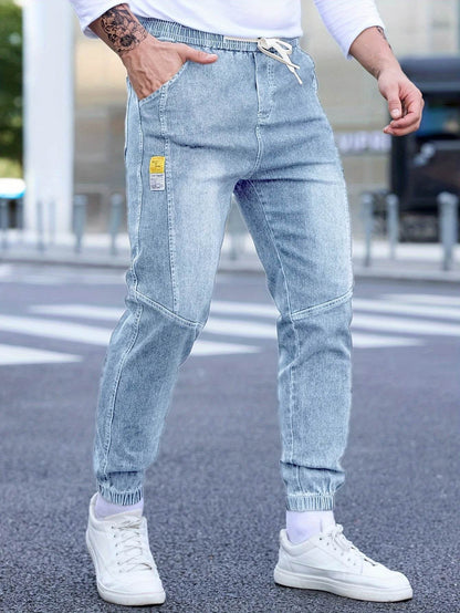 Men's Cropped Denim Pants with Pockets - Casual Drawstring Cotton Blend - Buy Center US