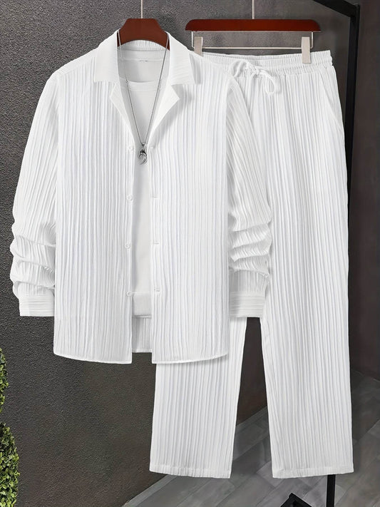Stylish Men's Casual Suit Set - Striped Long-Sleeve Shirt & Pants - Buy Center US