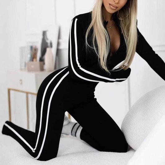 Stylish Women's Slim Striped Jumpsuit - Half Zipper, Autumn Winter Fashion - Buy Center US