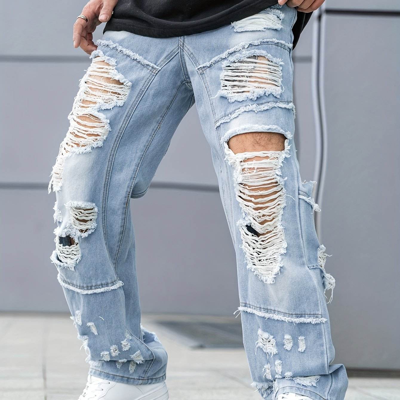 Urban Chic Men's Ripped Jeans - Loose Fit Wide Leg Design for Casual Wear - Buy Center US