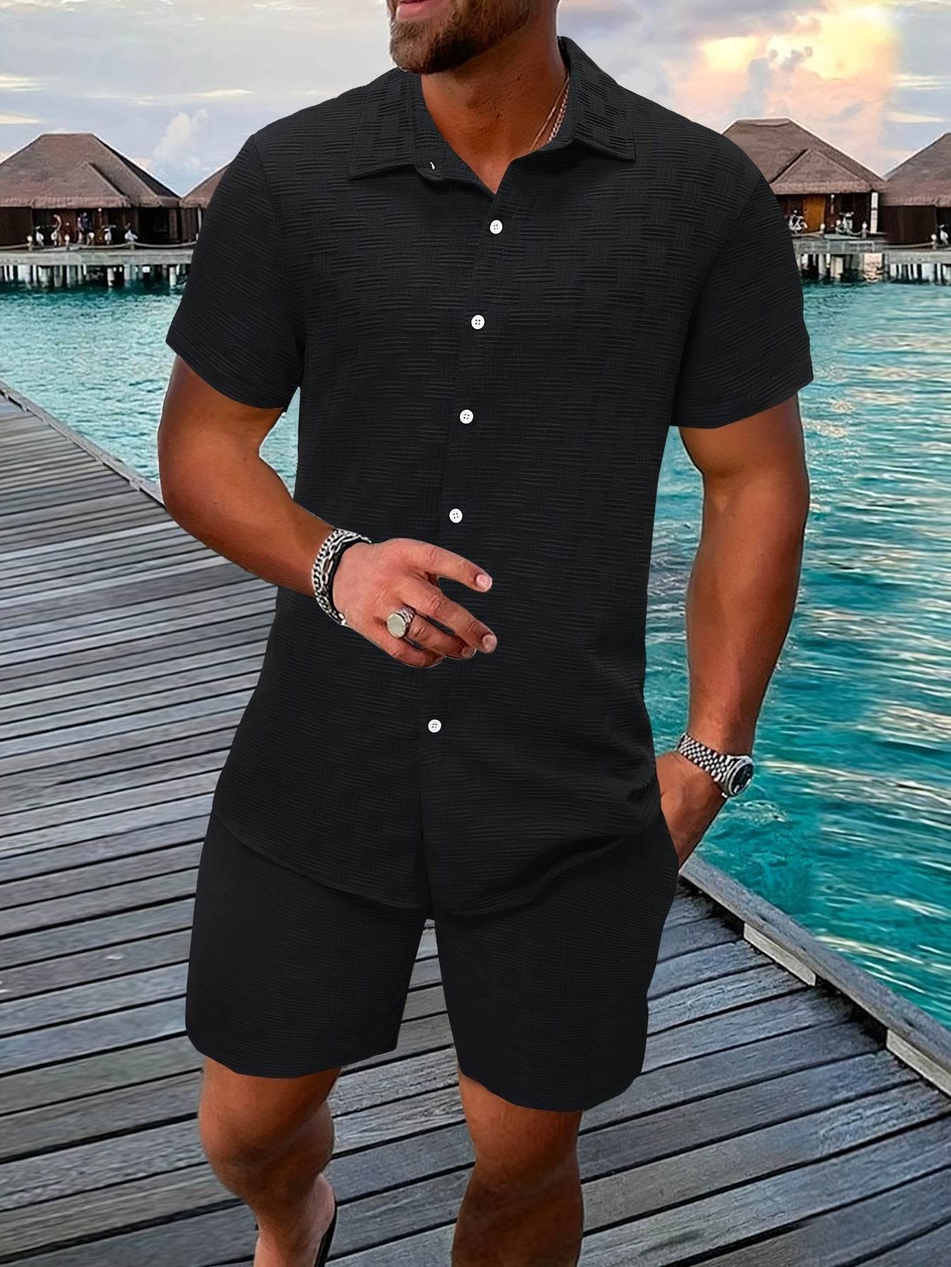 Men's Casual Short-Sleeve Shirt and Shorts Set - Solid Color Outfit - Buy Center US