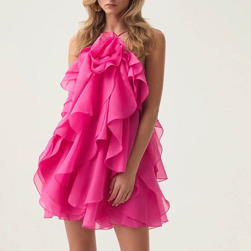 Halter Flower Design Lace-Up Dress - Asymmetric Skirt in Orange, Rose, Pink - Buy Center US