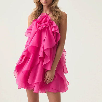 Halter Flower Design Lace-Up Dress - Asymmetric Skirt in Orange, Rose, Pink - Buy Center US