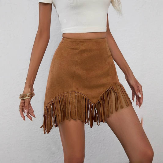 Women's Retro Solid Color Suede Fringe Skirt - Casual Western Denim Style - Buy Center US