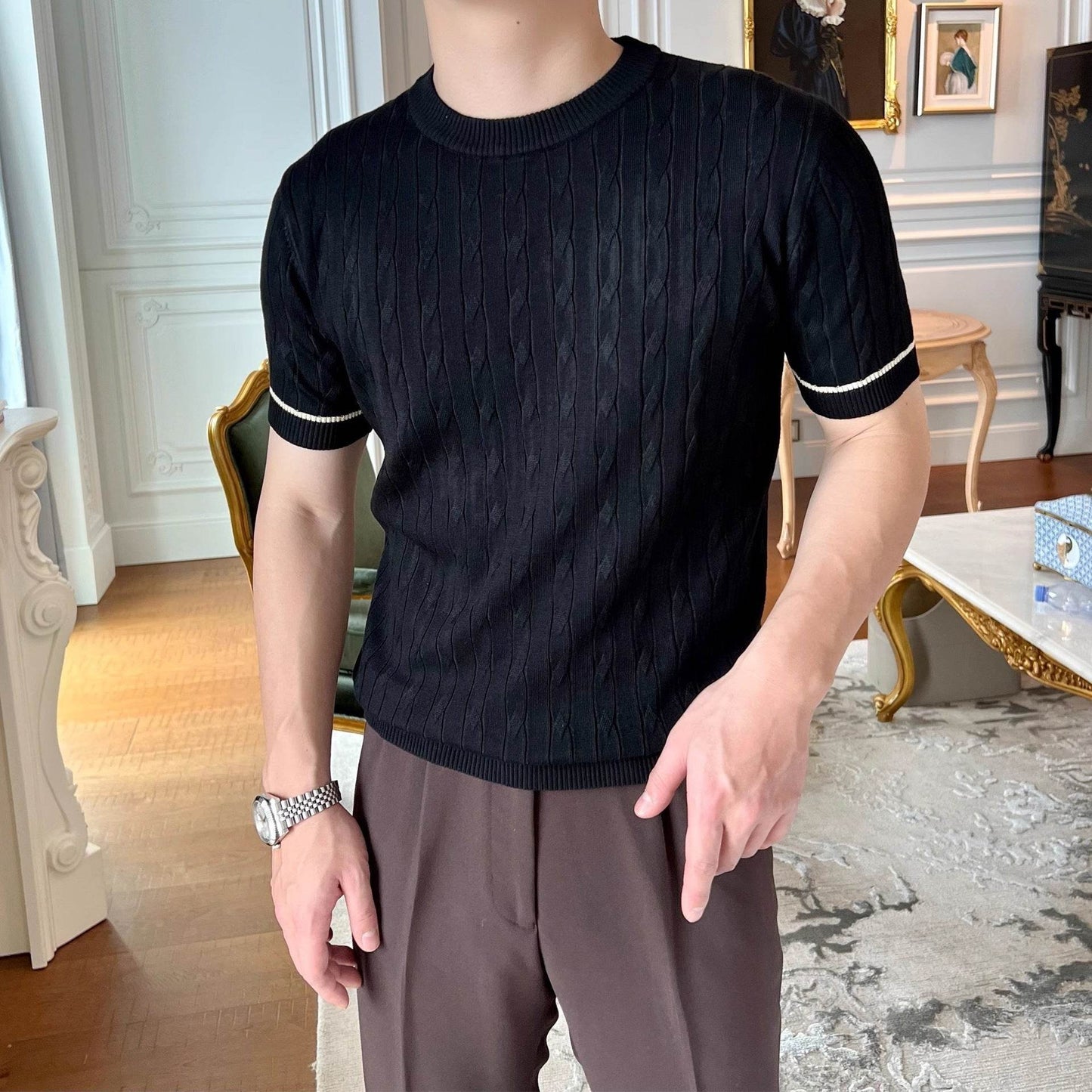 Stylish Men's Weaving Knitted T-shirt - Round Neck, Short Sleeve - Buy Center US