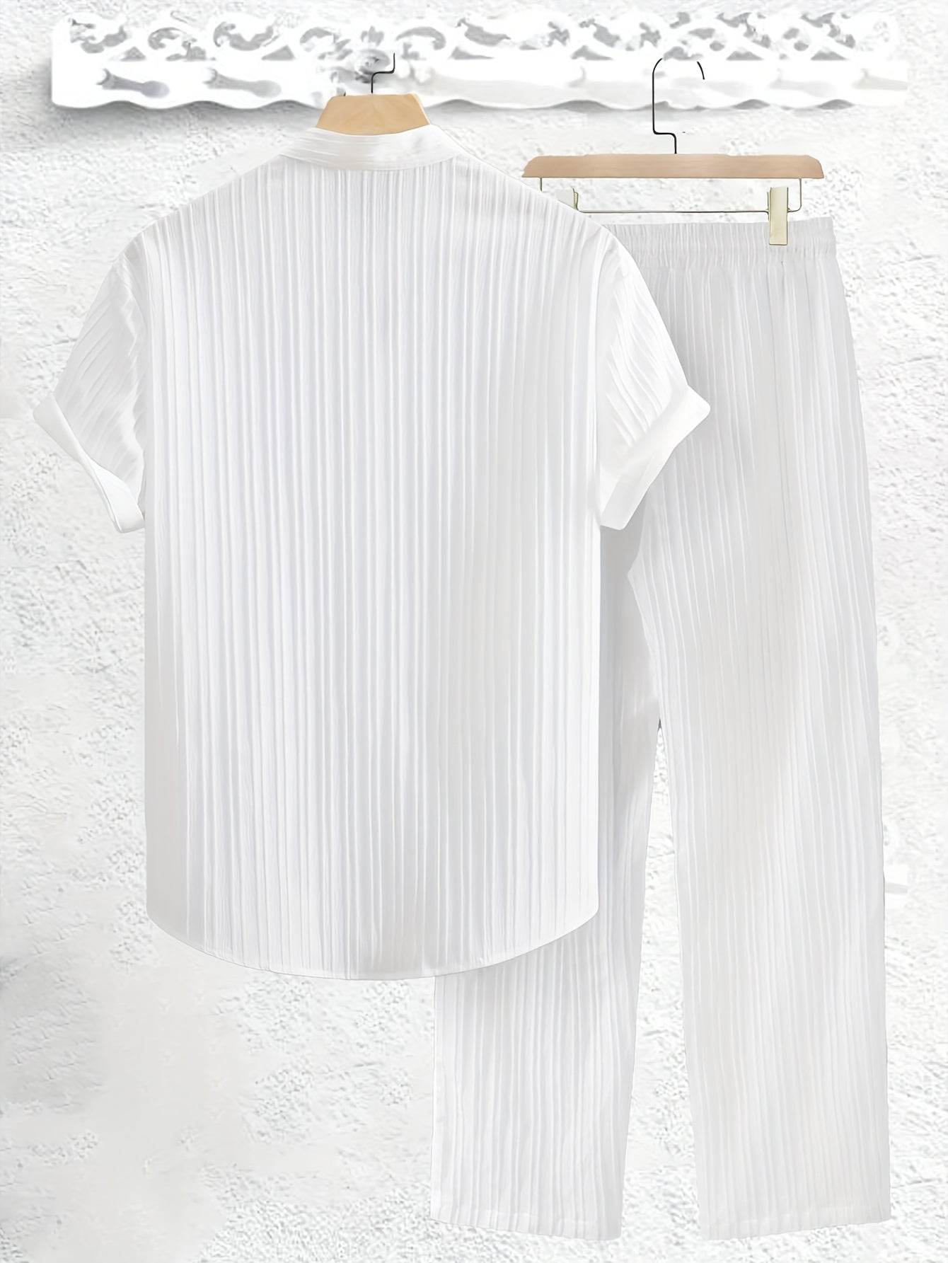 Men's Casual Summer Co-ord Set - Short Sleeve Shirt & Pants, Solid Color - Buy Center US