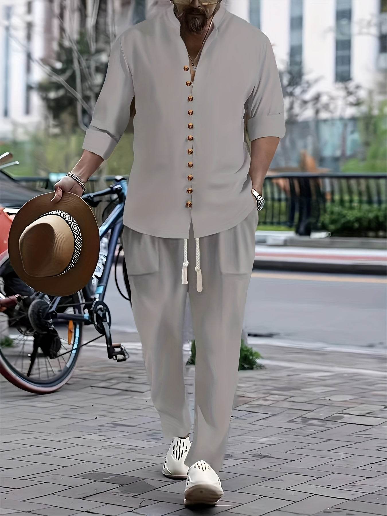 Men's Casual Cotton Linen V-Neck Shirt & Pants Set - Spring/Fall Fashion - Buy Center US