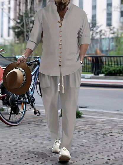 Men's Casual Cotton Linen V-Neck Shirt & Pants Set - Spring/Fall Fashion - Buy Center US