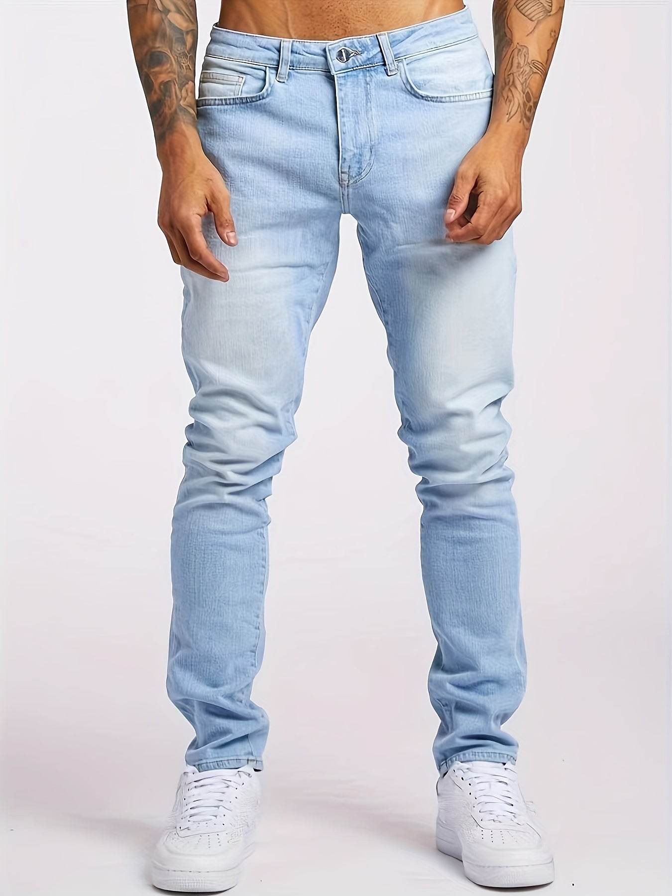 Men's Slim-Fit Stretch Denim Jeans - Light Blue Casual Pants for All Seasons - Buy Center US