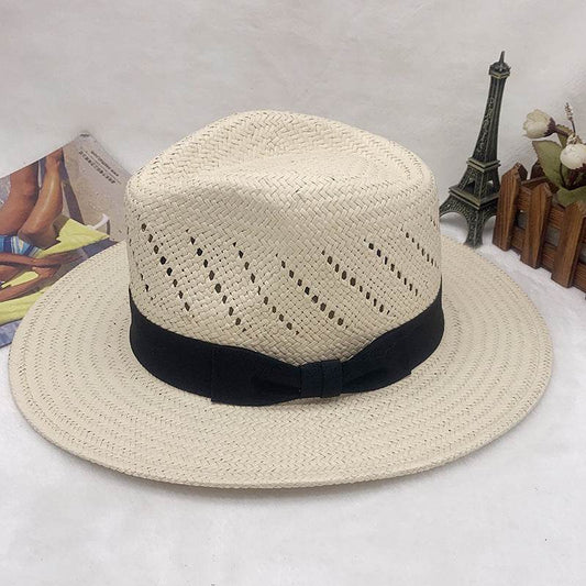 Buycenter Striped Bow Flat-brimmed Straw Top Hat - Adjustable Size - Buy Center US