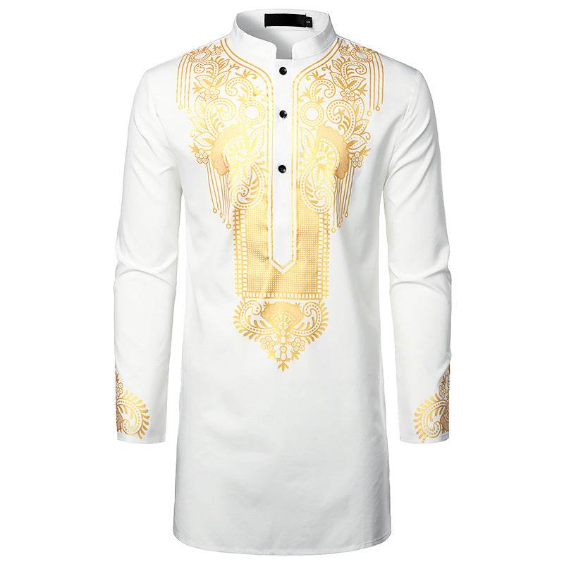 Buycenter Men's African Printed Long Shirt - Casual Style, Stand-Up Collar - Buy Center US