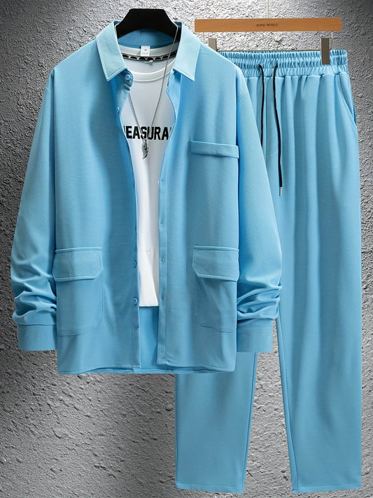 Men's Versatile Long-Sleeve Shirt & Jogger Set - 8 Shades for Every Occasion - Buy Center US
