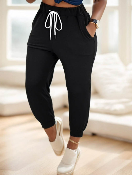 Elegant Solid Drawstring Waist Jogger Pants - Full-Length Patchwork Style - Buy Center US
