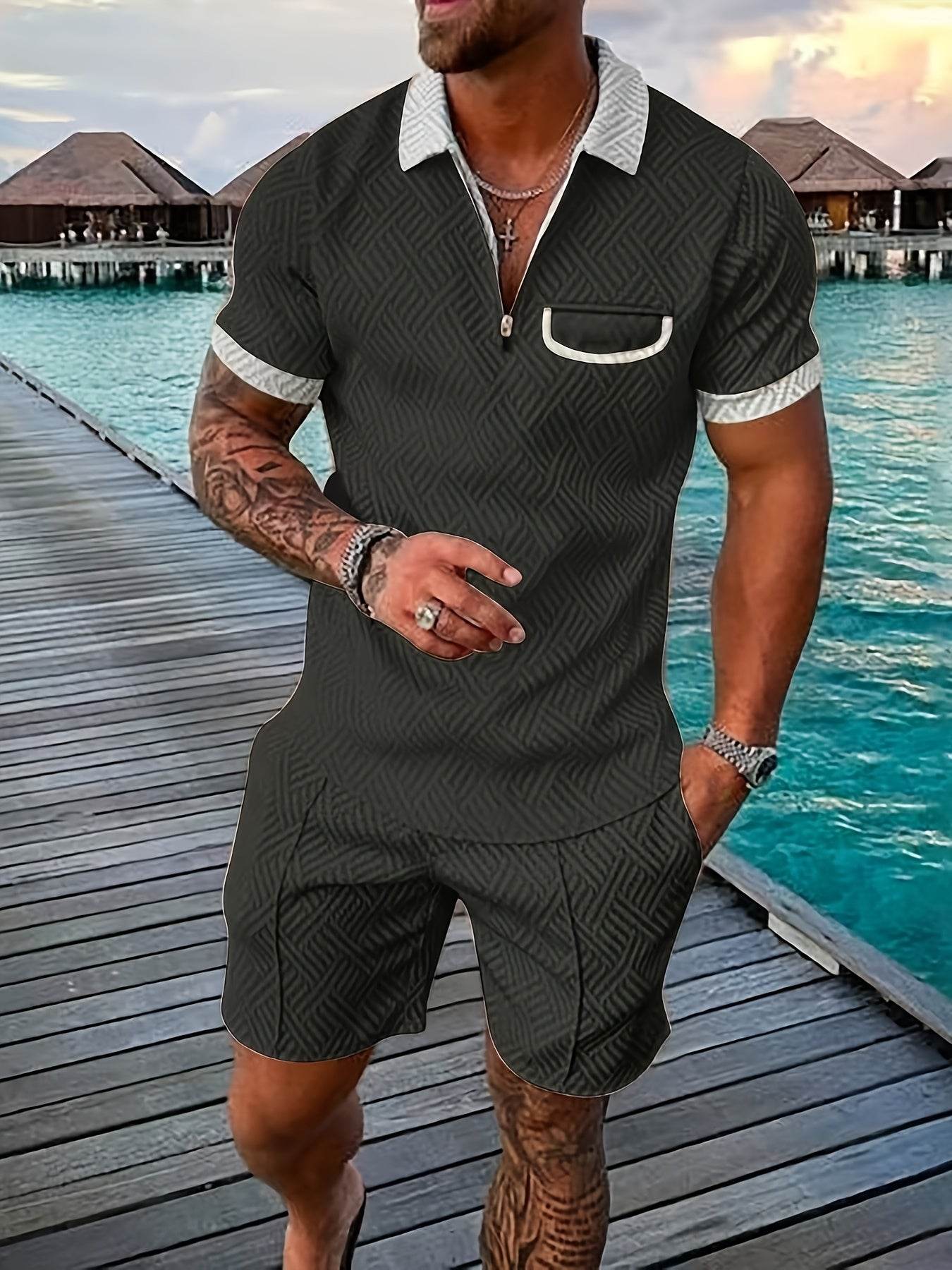 Men's Casual Knee-Length Kurta and Shorts Set - Breathable Polyester, Stylish - Buy Center US