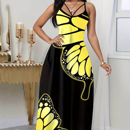 Ladies' V-Neck Butterfly Print Long Skirt Dress - Casual Summer Wear - Buy Center US