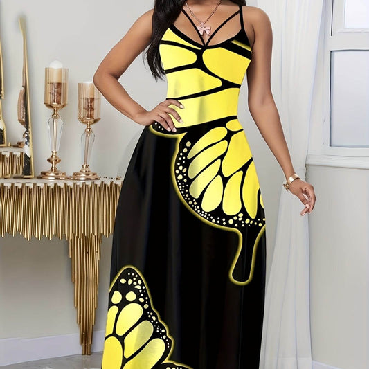 Ladies' V-Neck Butterfly Print Long Skirt Dress - Casual Summer Wear - Buy Center US