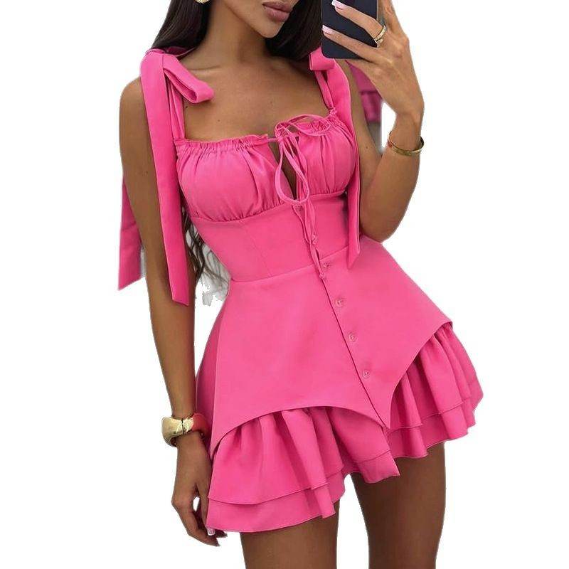 Bow Tie Breasted Spaghetti-Strap Dress - Irregular A-Line Style - Buy Center US