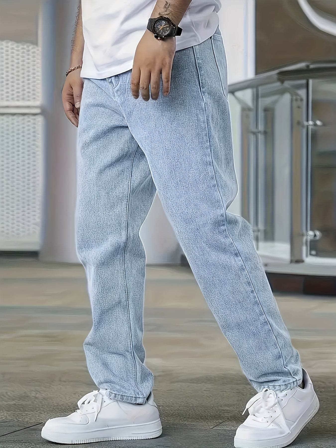 Men's Loose Fit Straight Leg Jeans - Washed Black Cotton Blend, Casual Style - Buy Center US