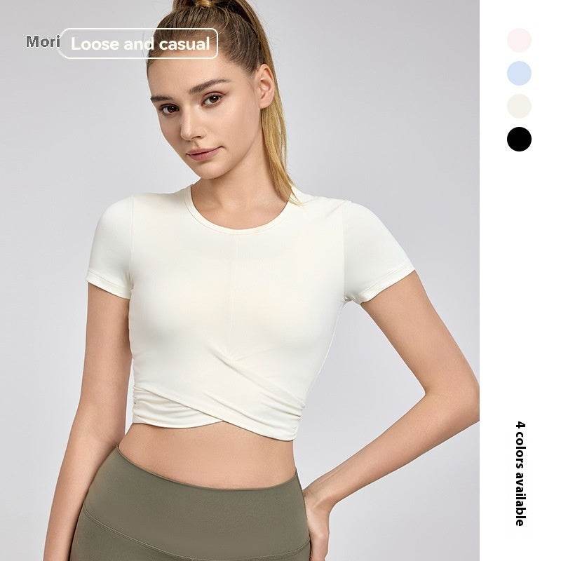 Short Sleeve Cross Pleated Yoga Top - Women's Activewear in Light Pink & Black - Buy Center US