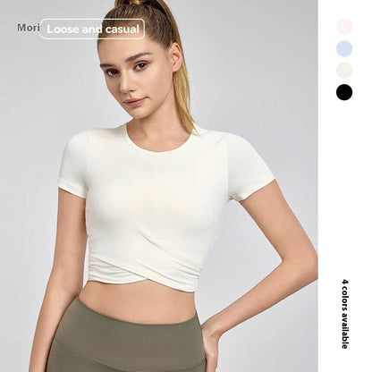 Short Sleeve Cross Pleated Yoga Top - Women's Activewear in Light Pink & Black - Buy Center US