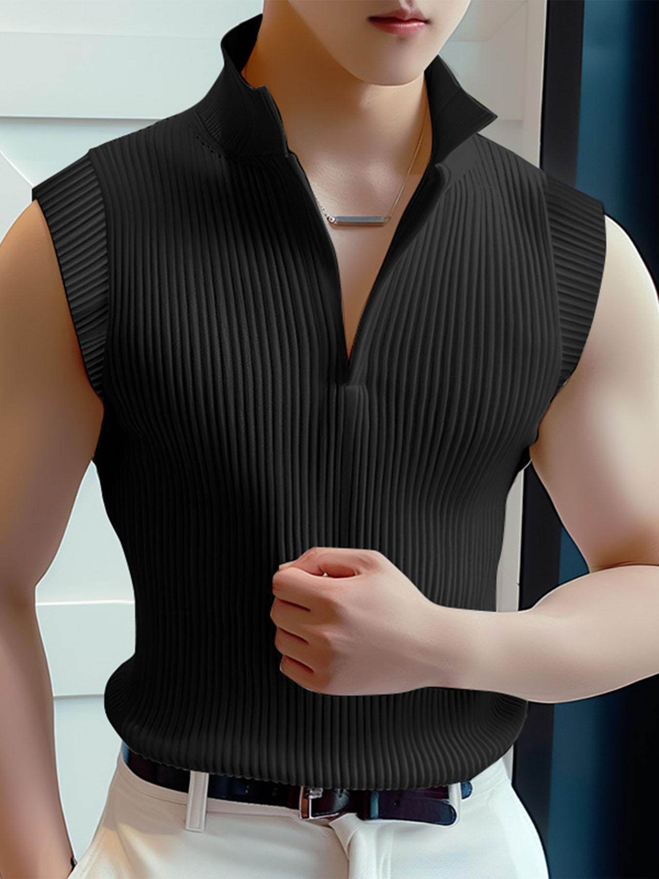 Men's Sleeveless Knit Tank Top - White V-Neck, Slim Fit Casual Wear - Buy Center US