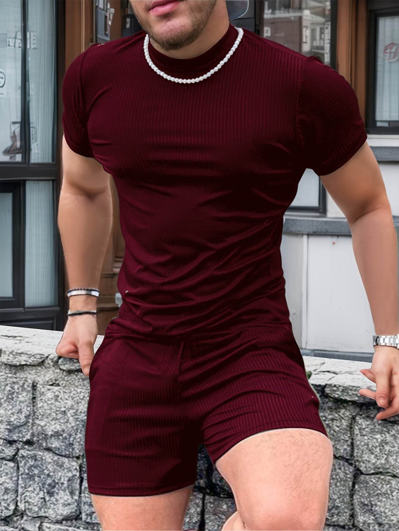 Men's Casual Two-Piece Set - Solid Color Short Sleeve Top & Drawstring Shorts - Buy Center US