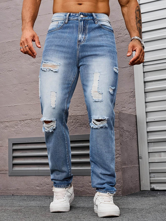 Men's Light Blue Ripped Jeans - Casual Straight Leg Distressed Denim - Buy Center US