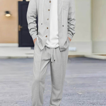 Men's Two-Piece Waffle Knit Set - Hooded Cardigan & Drawstring Pants - Buy Center US