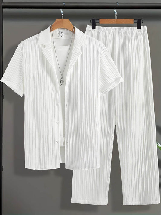 Men's Casual Plaid Suit Set - Short Sleeve Lapel Shirt & Pants - Buy Center US